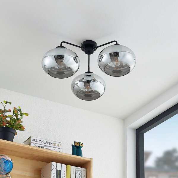Lindby Stropní svítidlo Navidia, Ø 67 cm, černé, kouřové sklo, stmívatelný, Černá, Obývací pokoj / jídelna, kov, Moderní
