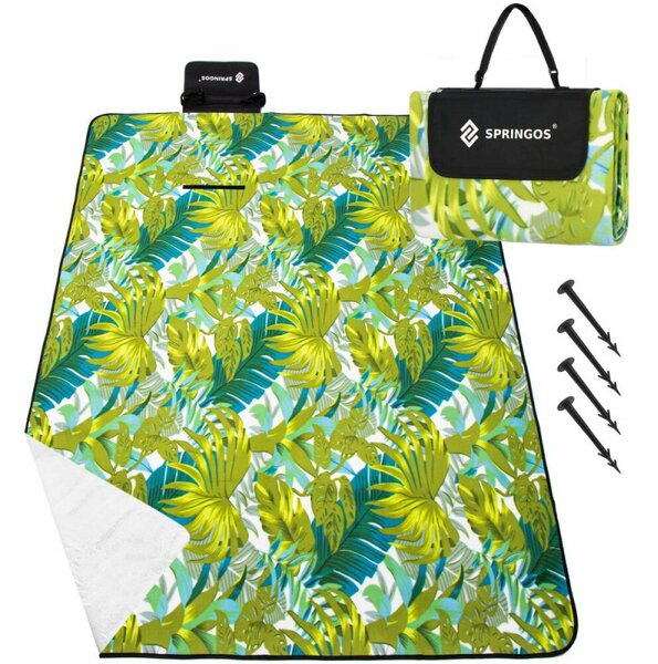 Pikniková deka 200x200 cm SPRINGOS PM041 zelená s listy
