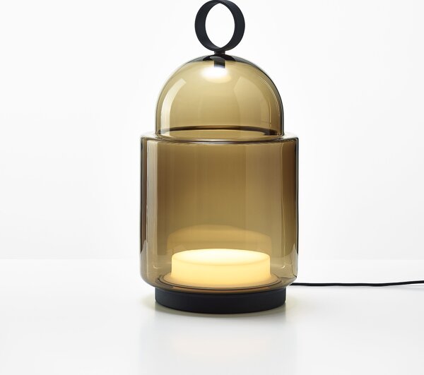 Designová stolní lampa Brokis Dome large PC1350 Barva skla: Šedá kouřová - transparentní sklo, Povrchová úprava baldachýnu a montury: broušená rose gold lak, Dekor skla: Bez dekoru