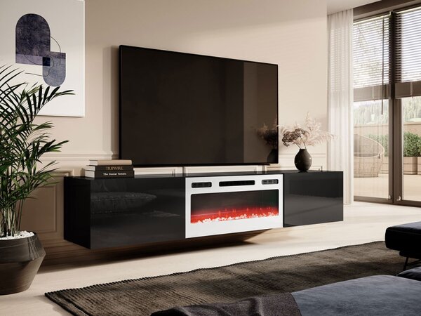 TV skříňka Koda 200 s krbem, Barva: bílá / bílá lesk, Krb: bílý 5903211319754