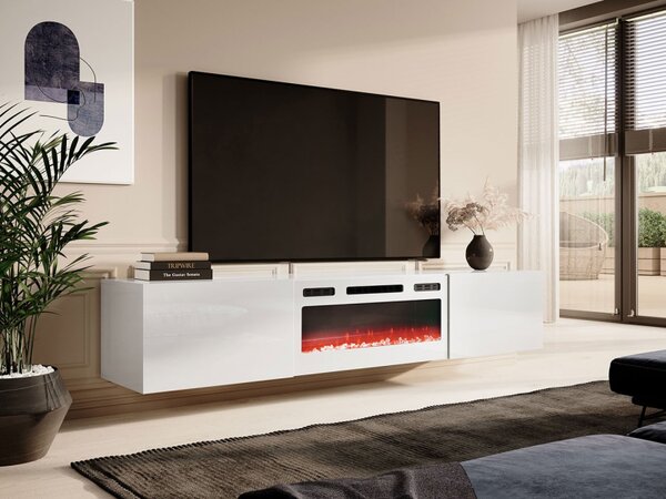 TV skříňka Koda 200 s krbem, Barva: bílá / bílá lesk, Krb: bílý 5903211319754