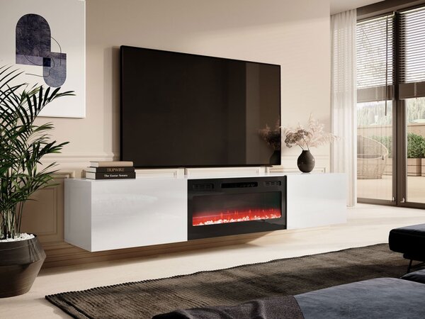 TV skříňka Koda 200 s krbem, Barva: bílá / bílá lesk, Krb: bílý 5903211319754