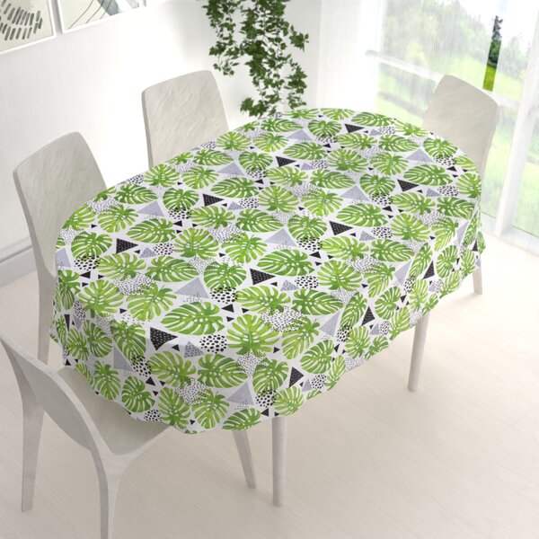 Biante Bavlněný oválný ubrus Sandra SA-175 Zelené listy Monstera 100x140 cm
