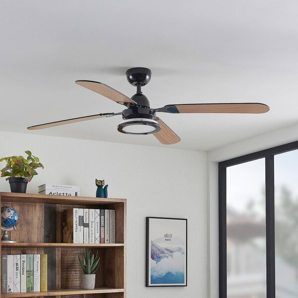 Lucande Stropní ventilátor LED Tedric, černý, tichý, 133 cm, Černá, Obývací pokoj / jídelna, kov, Vintage
