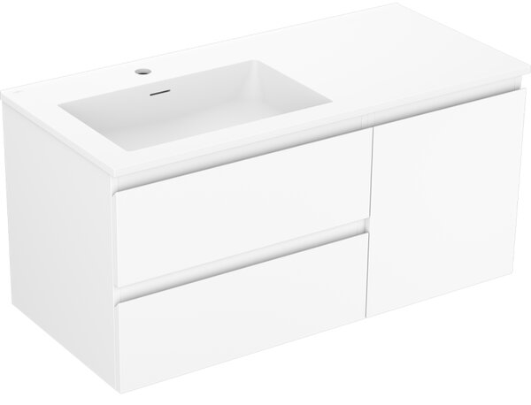 Mexen Orio, koupelnová skříňka 100 cm s levým umyvadlem Otis, 2S, 1D, bílá matná, 91A13-10047-3-BBFFF01-W18L01
