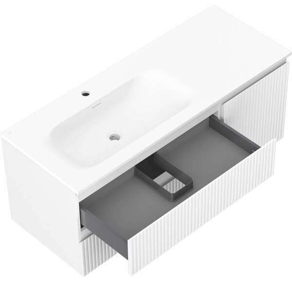 Mexen Rivel, koupelnová skříňka 120 cm s levým umyvadlem Vela, 2S, 1D, drážkovaná, bílá matná, 91A23-12047-3-BBFFF01-W23L01