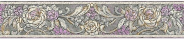 Vliesová bordura na zeďKind Of White 34078-4 | 0,13 x 5 m | šedá, metalická, fialová, zlatá | A.S. Création