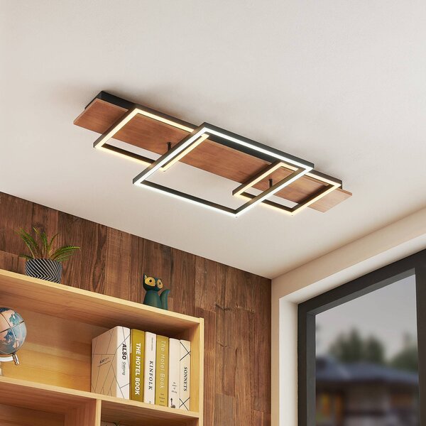 Lucande Stropní svítidlo LED Chariska, 95 cm, černá, dřevo,, stmívatelný, Tmavé dřevo, Obývací pokoj / jídelna, Dřevo, Moderní