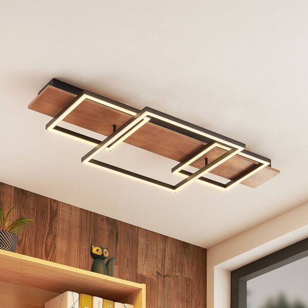 Lucande Stropní svítidlo LED Chariska, 95 cm, černá, dřevo,, stmívatelný, Tmavé dřevo, Obývací pokoj / jídelna, Dřevo, Moderní