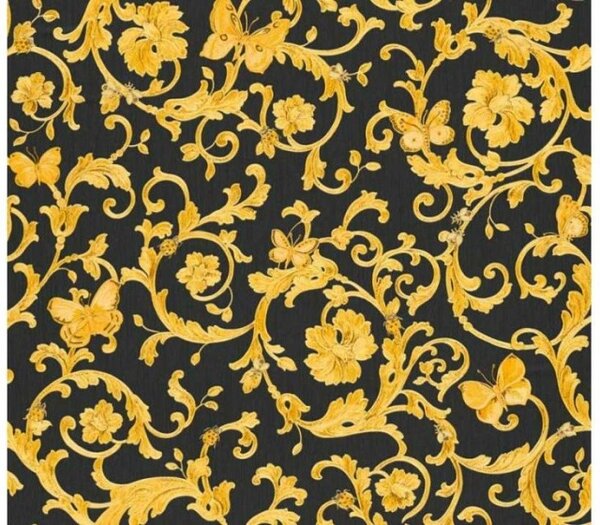 A.S. Création | Vliesová tapeta na zeď Versace 34325-2 | 0,70 x 10,05 m | černá, metalická, žlutá