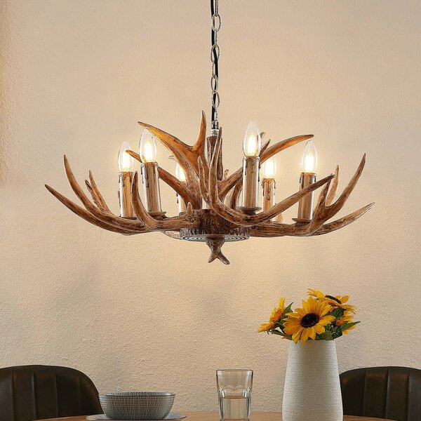 Lindby Závěsná lampa Tejask, Ø 70 cm, 6 světel, paroží, E14, stmívatelný, Hnědá / rez, Obývací pokoj / jídelna, Plast, Venkovský / rustikální, Lustr