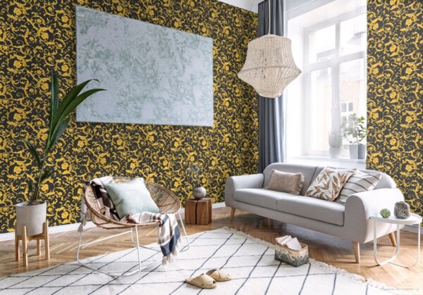 A.S. Création | Vliesová tapeta na zeď Versace 34326-2 | 0,70 x 10,05 m | černá, metalická, žlutá