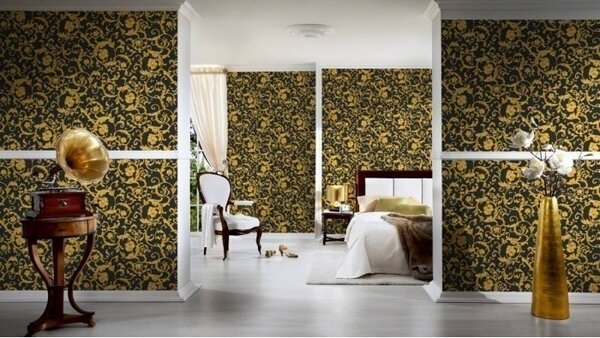 A.S. Création | Vliesová tapeta na zeď Versace 34326-2 | 0,70 x 10,05 m | černá, metalická, žlutá