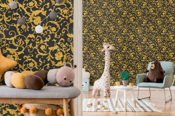 A.S. Création | Vliesová tapeta na zeď Versace 34326-2 | 0,70 x 10,05 m | černá, metalická, žlutá