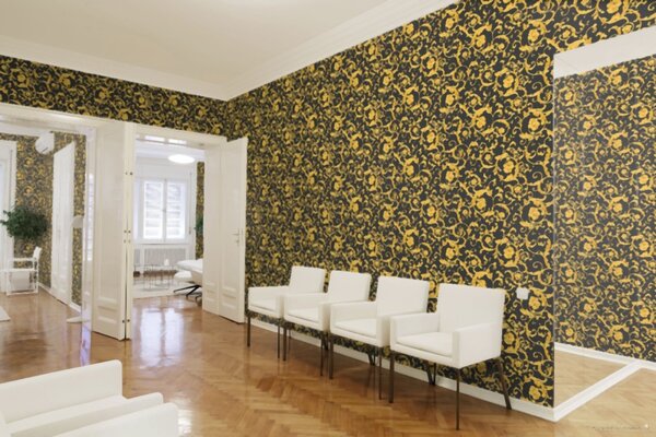 A.S. Création | Vliesová tapeta na zeď Versace 34326-2 | 0,70 x 10,05 m | černá, metalická, žlutá