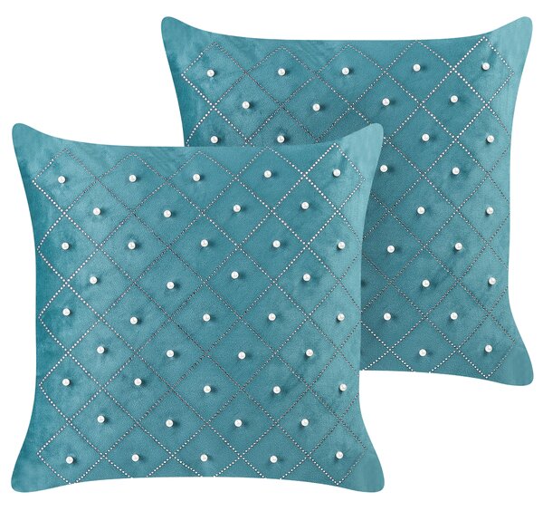 Sada 2 dekorativních polštářů YARROW Umělý samet 45 x 45 cm Modrozelená Geometrický vzor