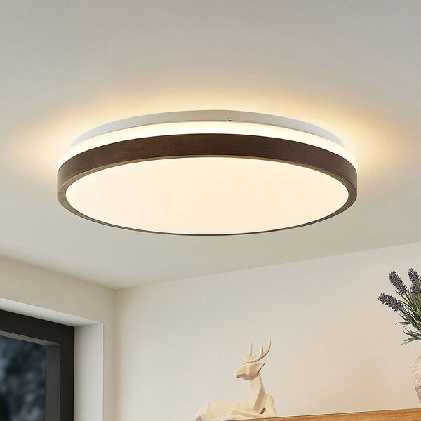 Lindby LED stropní svítidlo Hudsona, Ø 49 cm, dřevo, hnědá barva, stmívatelný, Tmavé dřevo, Obývací pokoj / jídelna, Dřevo, Moderní