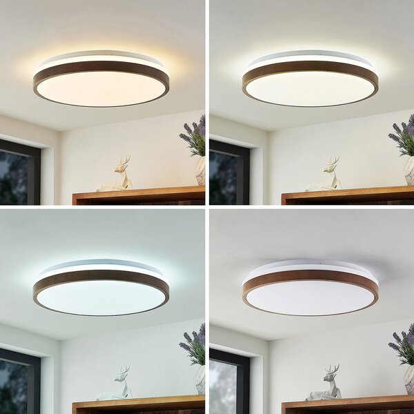 Lindby LED stropní svítidlo Hudsona, Ø 49 cm, dřevo, hnědá barva, stmívatelný, Tmavé dřevo, Obývací pokoj / jídelna, Dřevo, Moderní