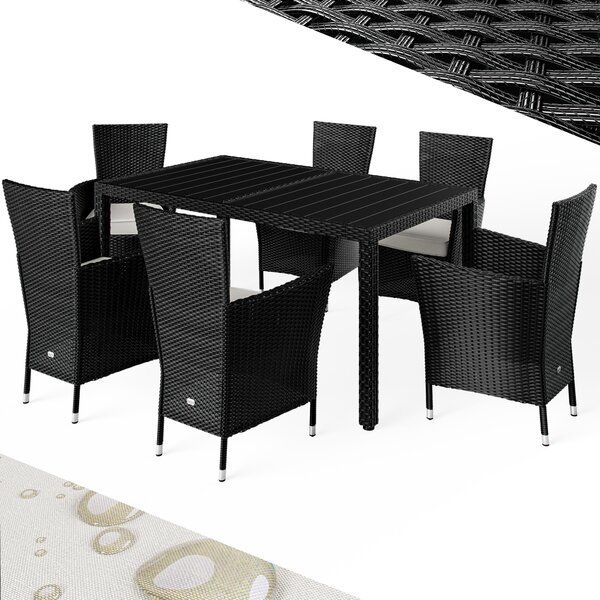 CASARIA® zahradní nábytek set 6 idlí vetn 7cm poltáe stl 150x90cm polyratan odolný proti povtrnostním vlivm stohovatelný venkovní balkon terasa 160kg nosnost moderní WPC erná
