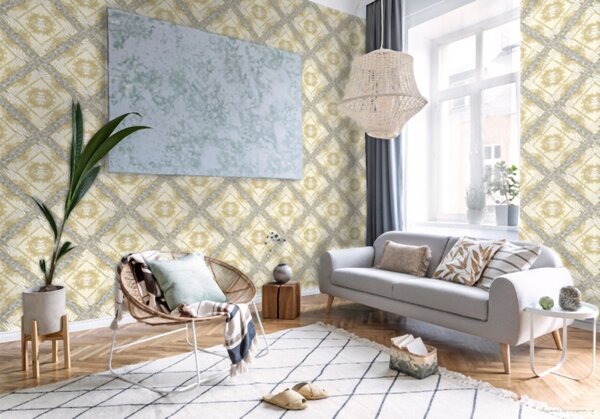 A.S. Création | Vliesová tapeta na zeď Versace 34904-2 | 0,70 x 10,05 m | žlutá, krémová, šedá, metalická