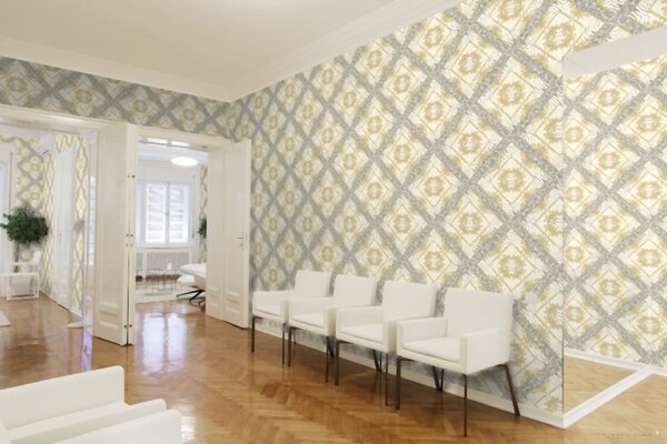 A.S. Création | Vliesová tapeta na zeď Versace 34904-2 | 0,70 x 10,05 m | žlutá, krémová, šedá, metalická