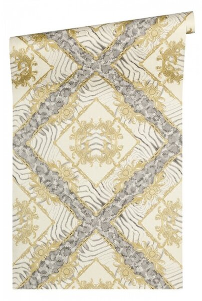 A.S. Création | Vliesová tapeta na zeď Versace 34904-2 | 0,70 x 10,05 m | žlutá, krémová, šedá, metalická