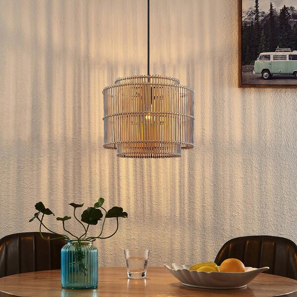 Lindby Závěsné svítidlo Bridga, Ø 35 cm, černá barva, bambus, stmívatelný, Světlé dřevo, Obývací pokoj / jídelna, Bambus, Skandinávský