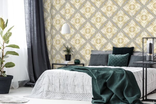 A.S. Création | Vliesová tapeta na zeď Versace 34904-2 | 0,70 x 10,05 m | žlutá, krémová, šedá, metalická