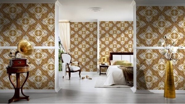 A.S. Création | Vliesová tapeta na zeď Versace 34904-3 | 0,70 x 10,05 m | žlutá, hnědá, krémová, metalická