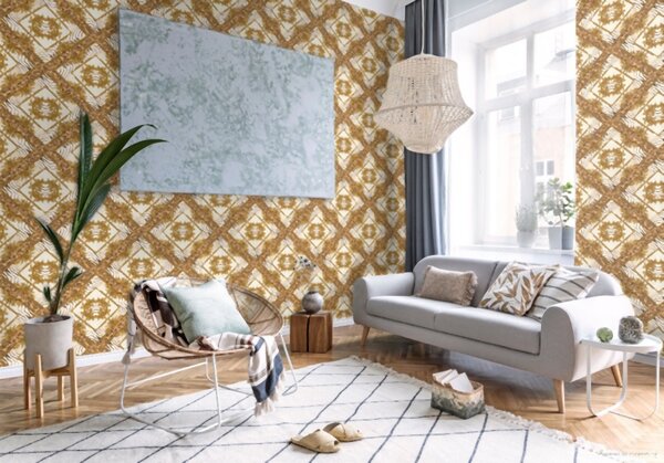 A.S. Création | Vliesová tapeta na zeď Versace 34904-3 | 0,70 x 10,05 m | žlutá, hnědá, krémová, metalická