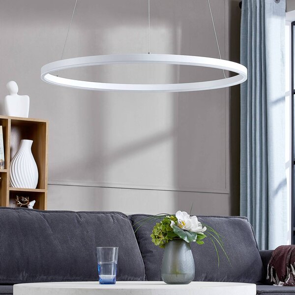 Arcchio Závěsné světlo Albiona, bílé, 1 kruh, Ø 80 cm, stmívatelný, Bílá / opál, Kuchyň, kov, Moderní