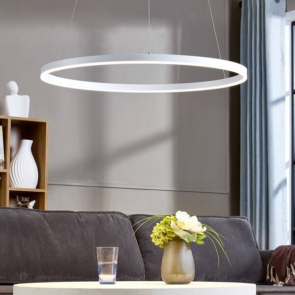 Arcchio Závěsné světlo Albiona, bílé, 1 kruh, Ø 80 cm, stmívatelný, Bílá / opál, Kuchyň, kov, Moderní