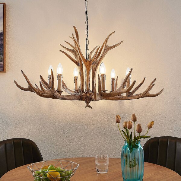 Lindby Závěsná lampa Tejask, Ø 102 cm, 6 světel, paroží, E14, stmívatelný, Hnědá / rez, Obývací pokoj / jídelna, Plast, Venkovský / rustikální, Lustr
