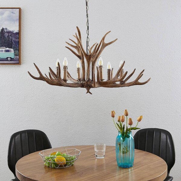Lindby Závěsná lampa Tejask, Ø 102 cm, 6 světel, paroží, E14, stmívatelný, Hnědá / rez, Obývací pokoj / jídelna, Plast, Venkovský / rustikální, Lustr