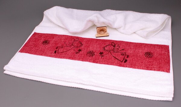 Designový ručník bílý - červený pruh, andělé