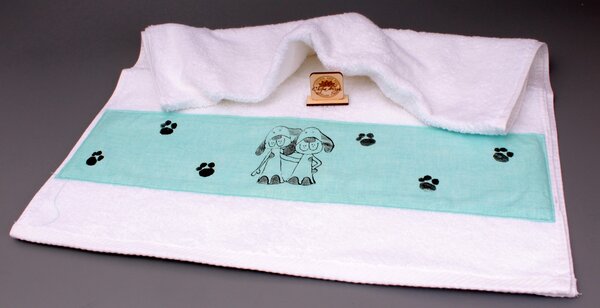 Designový ručník bílý - mint pruh, psi