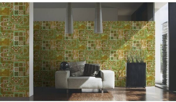 A.S. Création | Vliesová tapeta na zeď Versace 37048-2 | 0,70 x 10,05 m | zelená, bílá, zlatá, hnědá