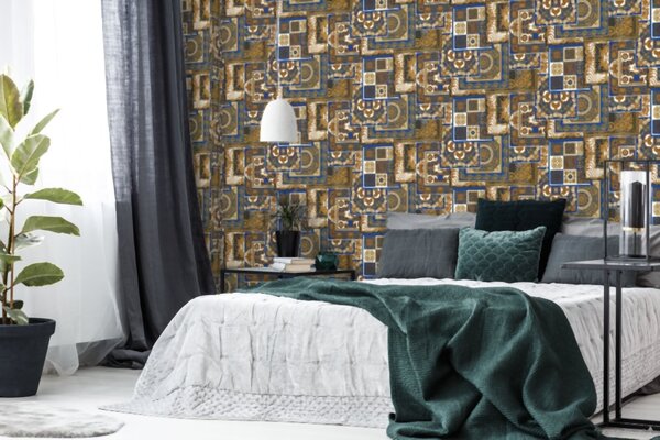 A.S. Création | Vliesová tapeta na zeď Versace 37048-1 | 0,70 x 10,05 m | modrá, bílá, zlatá, šedá, černá