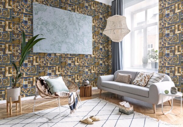 A.S. Création | Vliesová tapeta na zeď Versace 37048-1 | 0,70 x 10,05 m | modrá, bílá, zlatá, šedá, černá