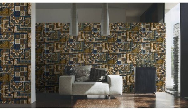 A.S. Création | Vliesová tapeta na zeď Versace 37048-1 | 0,70 x 10,05 m | modrá, bílá, zlatá, šedá, černá