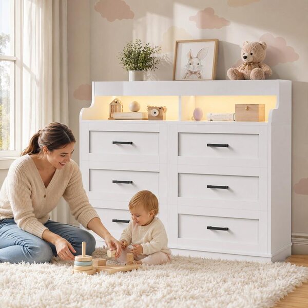 UnboxG Komoda, bílá, 110 cm – Moderní komoda se zásuvkami, RGB LED osvětlením, zásuvkami, 6 zásuvkami, 3 otevřenými policemi a ochranou proti převrácení