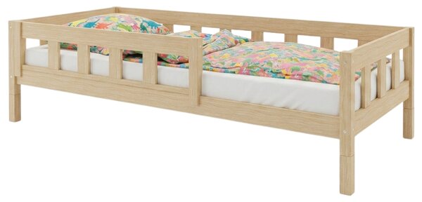 Vysoká jednolůžková postel PLOTTY se zábranou 90x200 cm + matrace WAVE - Nelakovaná, S jednou zábranou
