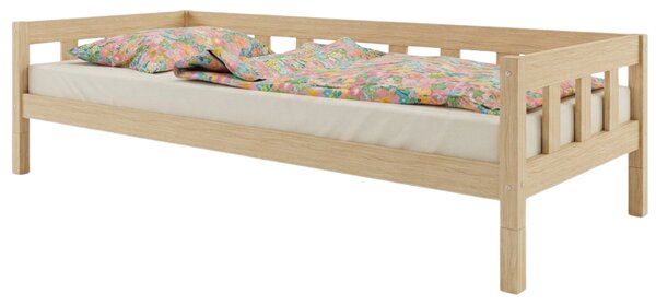 Vysoká jednolůžková postel PLOTTY se zábranou 90x200 cm + matrace WAVE - Nelakovaná, S jednou zábranou
