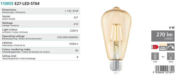 Eglo 110055 RETRO LED BULB - Retro LED žárovka ST64, 4W, 2200K (LED žárovka Edison do retro a rustikálních svítidel)