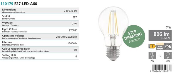 Eglo 110179 BULB - Vypínačem stmívatelná LED žárovka E27, 7W, 2700K, crystal retro, 806lm (LED žárovka krokově stmívatelná 100%, 50%, 25%)