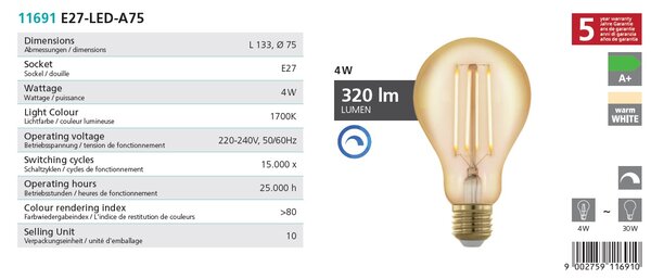 Eglo 110062 Retro Bulb - Stmívatelná LED retro žárovka 4W, E27 LED A75 (LED žárovka s velmi teplou barvou světla 1700K)