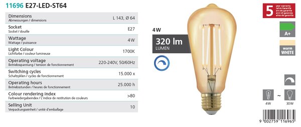 Eglo 11696 Retro Bulb - Stmívatelná LED retro žárovka 4W, E27 LED ST64 (LED žárovka s velmi teplou barvou světla 1700K)