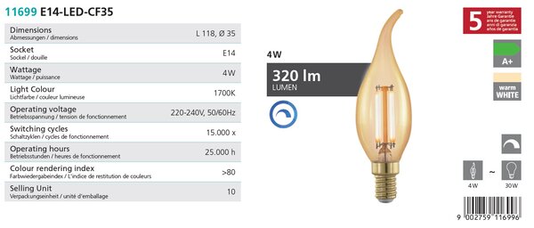 Eglo 11699 Retro Bulb - Stmívatelná LED retro žárovka 4W, E14 , CF35, svíčka (LED žárovka s velmi teplou barvou světla 1700K)