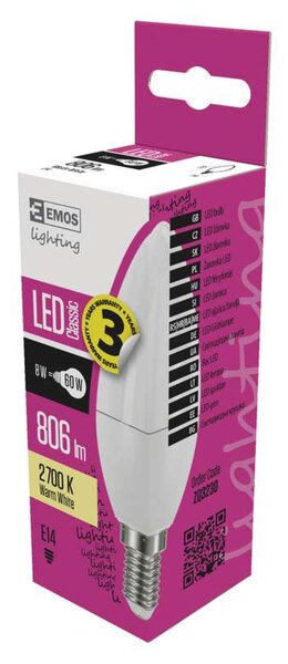 LED žárovka E14 - svíčka - ZQ3230, 2700K, 8W, 806lm (E14 svíčková žárovka)