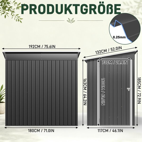 JOIEYOU Zahradní domek/sklep na nářadí, kovový, s jednostrannou střechou, s ventilací, posuvnými dveřmi, základovou konstrukcí odolnou proti korozi. Úložný prostor pro zahradní nářadí, rozměry 180x117x185 cm, černý